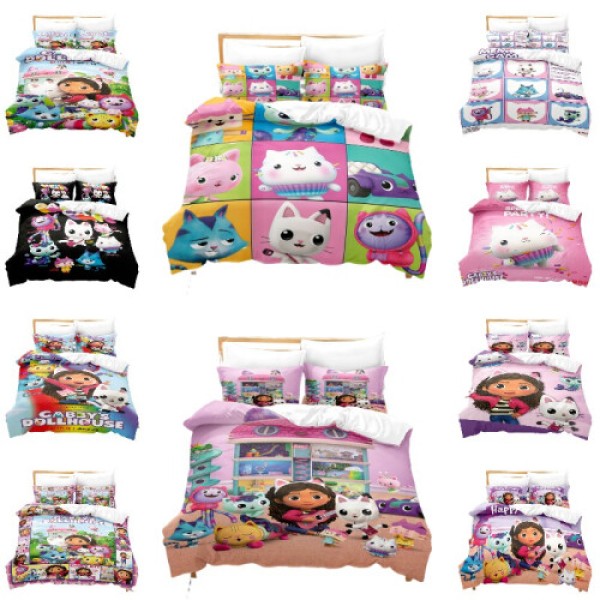 (Family, 135x200cm/53.1*78.7in) 3-Piece Quilted Duvet Cover Set, Gabbys Dollhouse Cartoon Print Kids Bedding